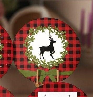 Christmas Placemat|Set of 6 Xmas Supla Table Mat|Buffalo Plaid Xmas Deer Round Dining Underplate|Merry Xmas and Green Leaves Coaster Set