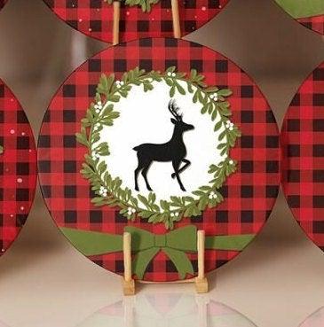 Christmas Placemat|Set of 6 Xmas Supla Table Mat|Buffalo Plaid Xmas Deer Round Dining Underplate|Merry Xmas and Green Leaves Coaster Set