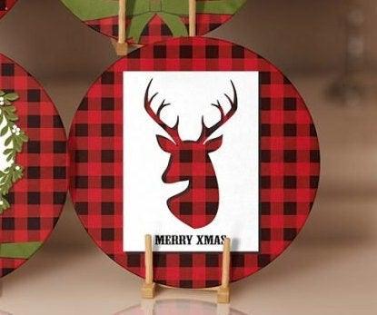 Christmas Placemat|Set of 6 Xmas Supla Table Mat|Buffalo Plaid Xmas Deer Round Dining Underplate|Merry Xmas and Green Leaves Coaster Set