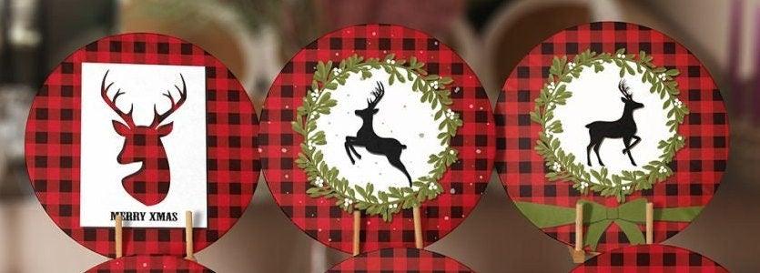 Christmas Placemat|Set of 6 Xmas Supla Table Mat|Buffalo Plaid Xmas Deer Round Dining Underplate|Merry Xmas and Green Leaves Coaster Set