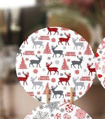 Christmas Placemat|Set of 6 Xmas Supla Table Mat|Red Gray Xmas Deer Round Dining Underplate|Snowflake and Merry Christmas Print Coaster Set