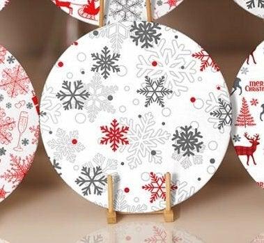 Christmas Placemat|Set of 6 Xmas Supla Table Mat|Red Gray Xmas Deer Round Dining Underplate|Snowflake and Merry Christmas Print Coaster Set