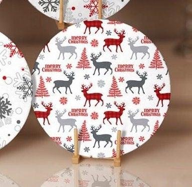 Christmas Placemat|Set of 6 Xmas Supla Table Mat|Red Gray Xmas Deer Round Dining Underplate|Snowflake and Merry Christmas Print Coaster Set