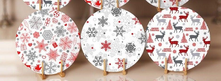 Christmas Placemat|Set of 6 Xmas Supla Table Mat|Red Gray Xmas Deer Round Dining Underplate|Snowflake and Merry Christmas Print Coaster Set