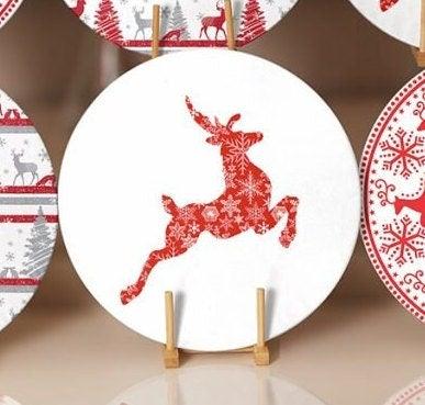 Christmas Placemat|Set of 6 Xmas Supla Table Mat|Red Gray Xmas Tree Round Dining Underplate|Snowflake and Christmas Deer Print Coaster Set