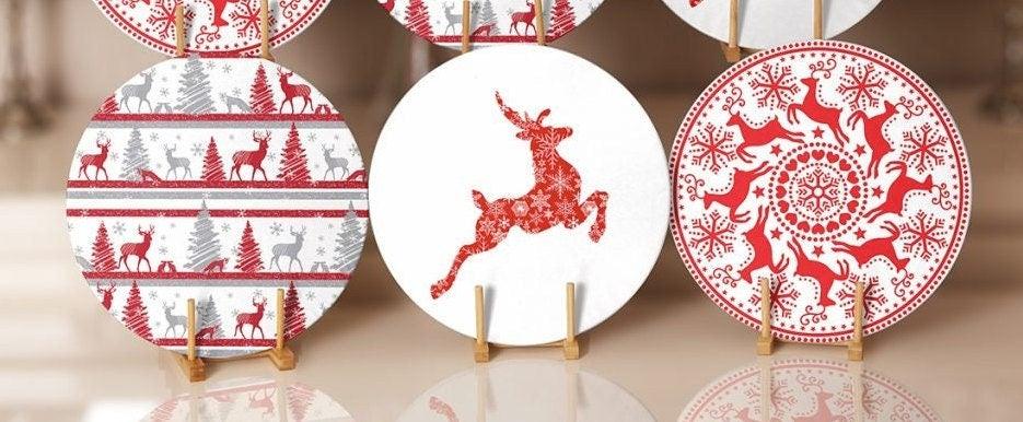 Christmas Placemat|Set of 6 Xmas Supla Table Mat|Red Gray Xmas Tree Round Dining Underplate|Snowflake and Christmas Deer Print Coaster Set