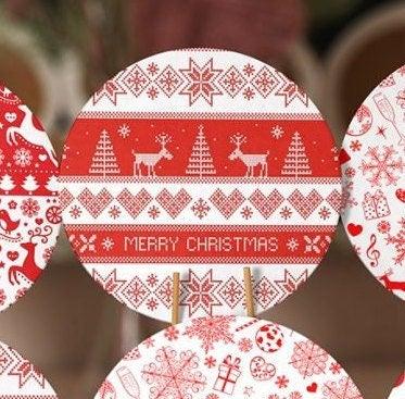 Christmas Placemat|Set of 6 Xmas Supla Table Mat|Red White Xmas Deer and Tree Round Dining Underplate|Snowflake, Merry Christmas Coaster Set