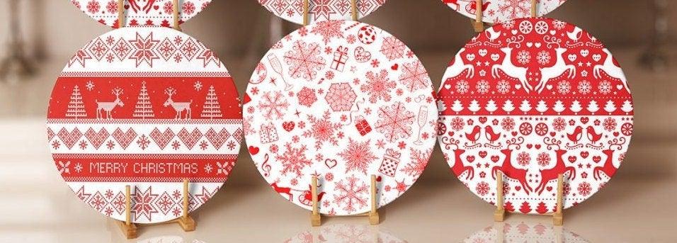 Christmas Placemat|Set of 6 Xmas Supla Table Mat|Red White Xmas Deer and Tree Round Dining Underplate|Snowflake, Merry Christmas Coaster Set