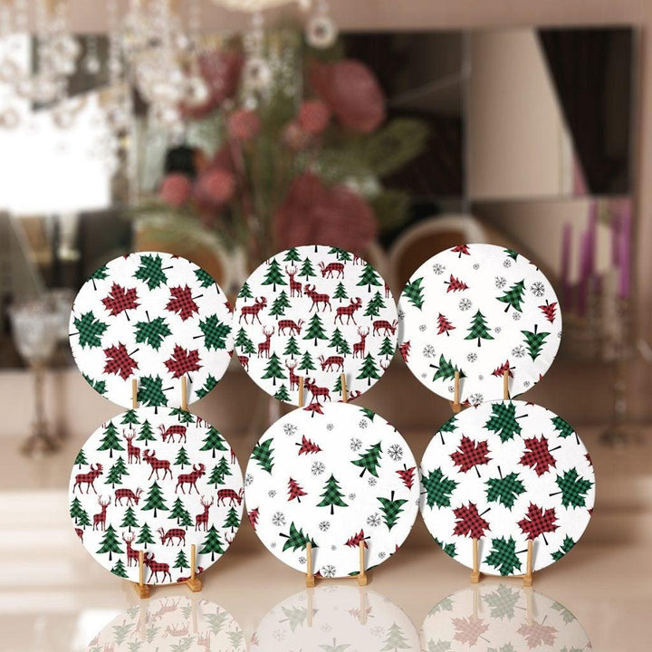 Christmas Placemat|Set of 6 Xmas Supla Table Mat|Red Green Checkered Xmas Deer Round Dining Underplate|Checkered Pine Tree and Leaf Coasters