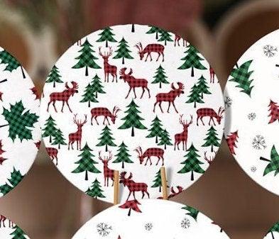 Christmas Placemat|Set of 6 Xmas Supla Table Mat|Red Green Checkered Xmas Deer Round Dining Underplate|Checkered Pine Tree and Leaf Coasters