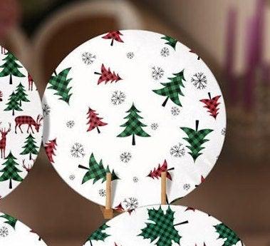 Christmas Placemat|Set of 6 Xmas Supla Table Mat|Red Green Checkered Xmas Deer Round Dining Underplate|Checkered Pine Tree and Leaf Coasters