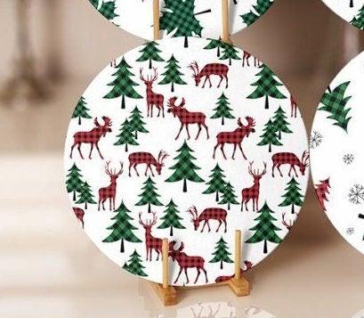 Christmas Placemat|Set of 6 Xmas Supla Table Mat|Red Green Checkered Xmas Deer Round Dining Underplate|Checkered Pine Tree and Leaf Coasters