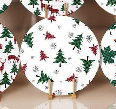 Christmas Placemat|Set of 6 Xmas Supla Table Mat|Red Green Checkered Xmas Deer Round Dining Underplate|Checkered Pine Tree and Leaf Coasters