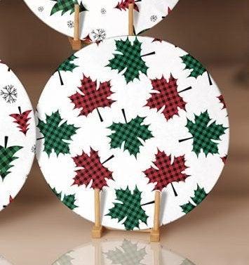 Christmas Placemat|Set of 6 Xmas Supla Table Mat|Red Green Checkered Xmas Deer Round Dining Underplate|Checkered Pine Tree and Leaf Coasters