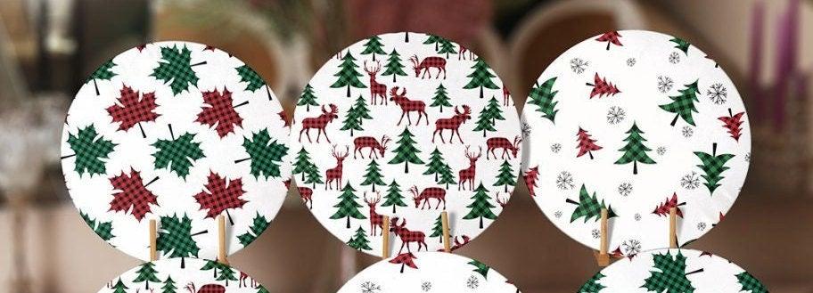 Christmas Placemat|Set of 6 Xmas Supla Table Mat|Red Green Checkered Xmas Deer Round Dining Underplate|Checkered Pine Tree and Leaf Coasters