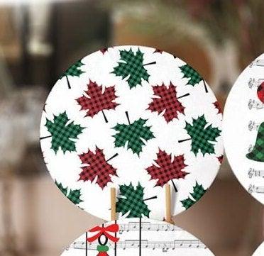 Christmas Placemat|Set of 6 Xmas Supla Table Mat|Red Green Checkered Xmas Bell Round Dining Underplate|Checkered Pine Tree and Leaf Coasters