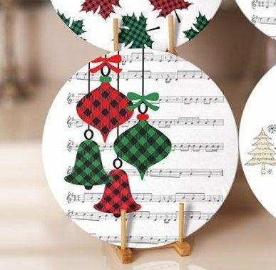 Christmas Placemat|Set of 6 Xmas Supla Table Mat|Red Green Checkered Xmas Bell Round Dining Underplate|Checkered Pine Tree and Leaf Coasters