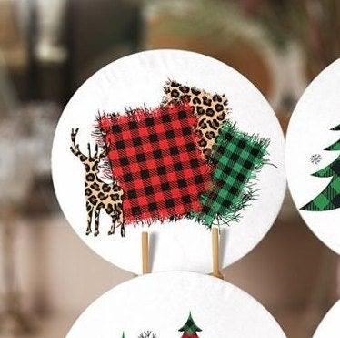 Christmas Placemat|Set of 6 Xmas Supla Table Mat|Red Green Checkered Xmas Tree Round Dining Underplate|Cheetah Patterned Xmas Deer Coasters