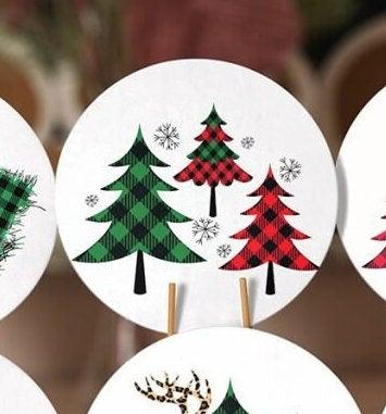 Christmas Placemat|Set of 6 Xmas Supla Table Mat|Red Green Checkered Xmas Tree Round Dining Underplate|Cheetah Patterned Xmas Deer Coasters