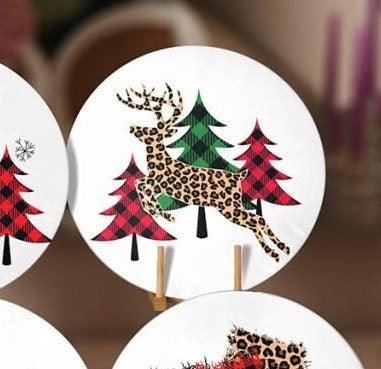 Christmas Placemat|Set of 6 Xmas Supla Table Mat|Red Green Checkered Xmas Tree Round Dining Underplate|Cheetah Patterned Xmas Deer Coasters