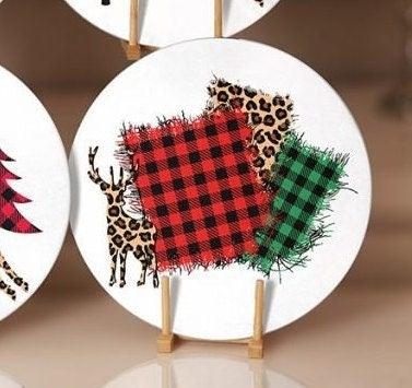 Christmas Placemat|Set of 6 Xmas Supla Table Mat|Red Green Checkered Xmas Tree Round Dining Underplate|Cheetah Patterned Xmas Deer Coasters