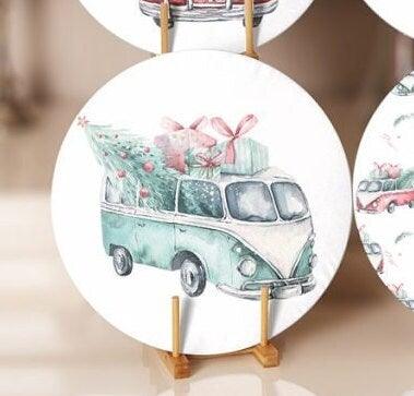 Christmas Placemat|Set of 6 Xmas Supla Table Mat|Xmas Tree Carrying Red Car Round Dining Underplate|Green Van and Xmas Tree Print Coasters