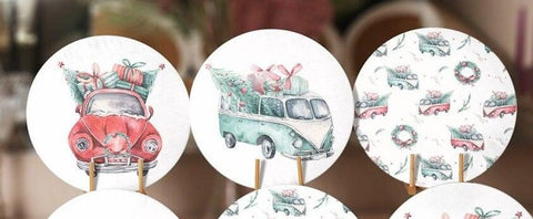 Christmas Placemat|Set of 6 Xmas Supla Table Mat|Xmas Tree Carrying Red Car Round Dining Underplate|Green Van and Xmas Tree Print Coasters