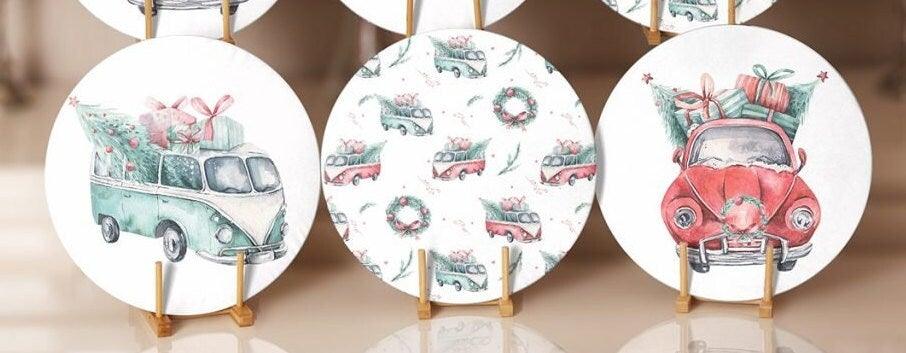 Christmas Placemat|Set of 6 Xmas Supla Table Mat|Xmas Tree Carrying Red Car Round Dining Underplate|Green Van and Xmas Tree Print Coasters