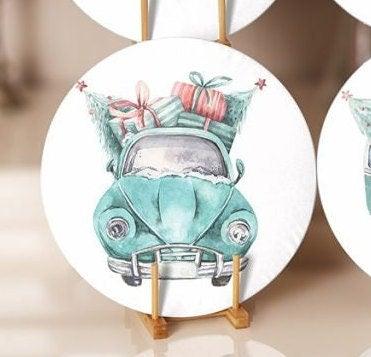 Christmas Placemat|Set of 6 Xmas Supla Table Mat|Xmas Tree Carrying Van and Car Round Dining Underplate|Van and Xmas Gift Box Print Coasters