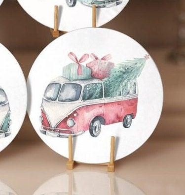 Christmas Placemat|Set of 6 Xmas Supla Table Mat|Xmas Tree Carrying Van and Car Round Dining Underplate|Van and Xmas Gift Box Print Coasters