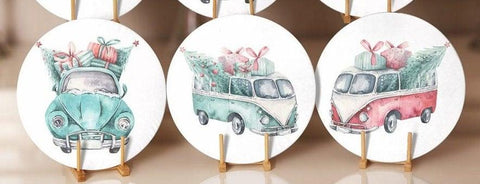 Christmas Placemat|Set of 6 Xmas Supla Table Mat|Xmas Tree Carrying Van and Car Round Dining Underplate|Van and Xmas Gift Box Print Coasters