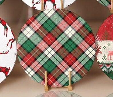 Christmas Placemat|Set of 6 Xmas Supla Table Mat|Red Green Checkered Xmas Deer Round Dining Underplate|Plaid Patterned Xmas/Winter Coasters