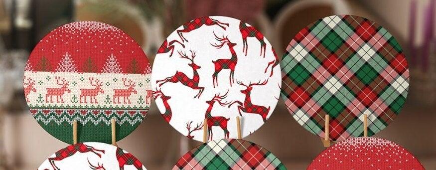 Christmas Placemat|Set of 6 Xmas Supla Table Mat|Red Green Checkered Xmas Deer Round Dining Underplate|Plaid Patterned Xmas/Winter Coasters