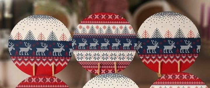 Christmas Placemat|Set of 6 Xmas Supla Table Mat|Red Blue Winter Trend Round Dining Underplate|Special Design Gray Xmas Deer, Tree Coasters