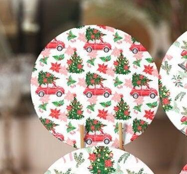 Christmas Placemat|Set of 6 Xmas Supla Table Mat|Decorated Xmas Tree Carrying Red Car Round Dining Underplate|Floral Xmas Bell Print Coaster