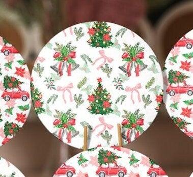 Christmas Placemat|Set of 6 Xmas Supla Table Mat|Decorated Xmas Tree Carrying Red Car Round Dining Underplate|Floral Xmas Bell Print Coaster