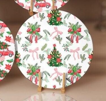 Christmas Placemat|Set of 6 Xmas Supla Table Mat|Decorated Xmas Tree Carrying Red Car Round Dining Underplate|Floral Xmas Bell Print Coaster