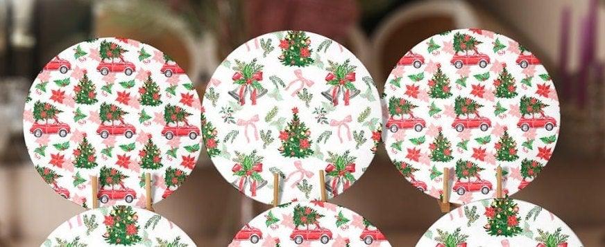 Christmas Placemat|Set of 6 Xmas Supla Table Mat|Decorated Xmas Tree Carrying Red Car Round Dining Underplate|Floral Xmas Bell Print Coaster