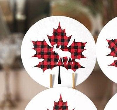 Christmas Placemat|Set of 6 Xmas Supla Table Mat|Red Black Checkered Leaf with Deer Round Dining Underplate|Buffalo Check Leaf, Deer Coaster