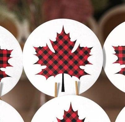 Christmas Placemat|Set of 6 Xmas Supla Table Mat|Red Black Checkered Leaf with Deer Round Dining Underplate|Buffalo Check Leaf, Deer Coaster