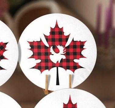 Christmas Placemat|Set of 6 Xmas Supla Table Mat|Red Black Checkered Leaf with Deer Round Dining Underplate|Buffalo Check Leaf, Deer Coaster