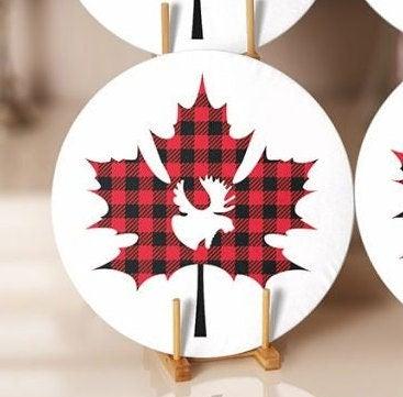 Christmas Placemat|Set of 6 Xmas Supla Table Mat|Red Black Checkered Leaf with Deer Round Dining Underplate|Buffalo Check Leaf, Deer Coaster