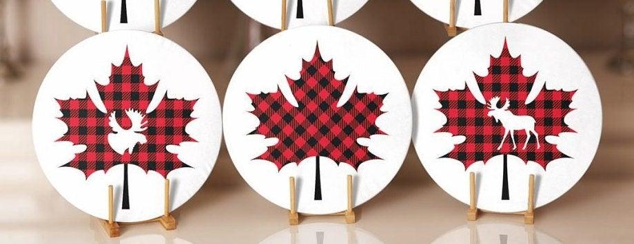 Christmas Placemat|Set of 6 Xmas Supla Table Mat|Red Black Checkered Leaf with Deer Round Dining Underplate|Buffalo Check Leaf, Deer Coaster