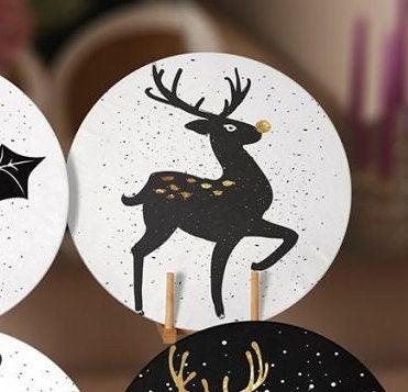 Christmas Placemat|Set of 6 Xmas Supla Table Mat|Floral White Gold Deer Round Dining Underplate|Gold Color Berry Print Winter Coaster Set