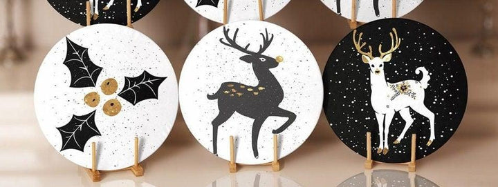 Christmas Placemat|Set of 6 Xmas Supla Table Mat|Floral White Gold Deer Round Dining Underplate|Gold Color Berry Print Winter Coaster Set