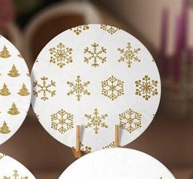 Christmas Placemat|Set of 6 Xmas Supla Table Mat|Gold White Xmas Bell and Snowflake Round Dining Underplate|Pine Tree Print Winter Coasters