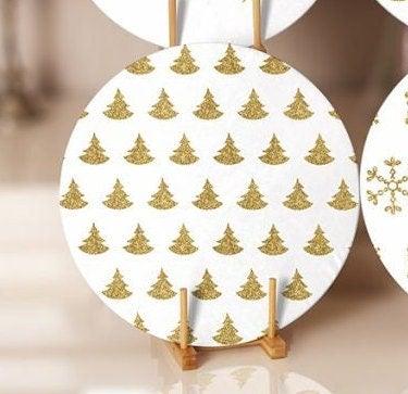 Christmas Placemat|Set of 6 Xmas Supla Table Mat|Gold White Xmas Bell and Snowflake Round Dining Underplate|Pine Tree Print Winter Coasters