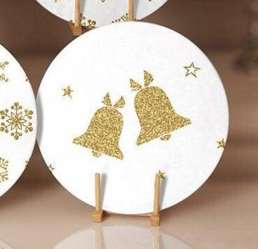 Christmas Placemat|Set of 6 Xmas Supla Table Mat|Gold White Xmas Bell and Snowflake Round Dining Underplate|Pine Tree Print Winter Coasters