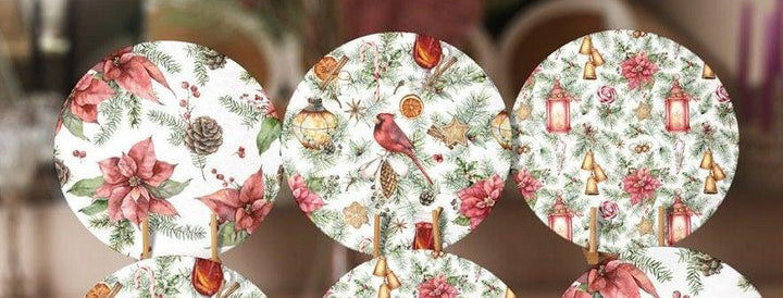 Christmas Placemat|Set of 6 Xmas Supla Table Mat|Red Poinsettia Round Dining Underplate|Cardinal Bird, Pine Cone, Pine Tree Needles Coaster