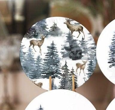 Winter Trend Placemat|Set of 6 Xmas Supla Table Mat|Snow, Pine Tree and Deer Print Round Dining Underplate|House under Snow Winter Coasters